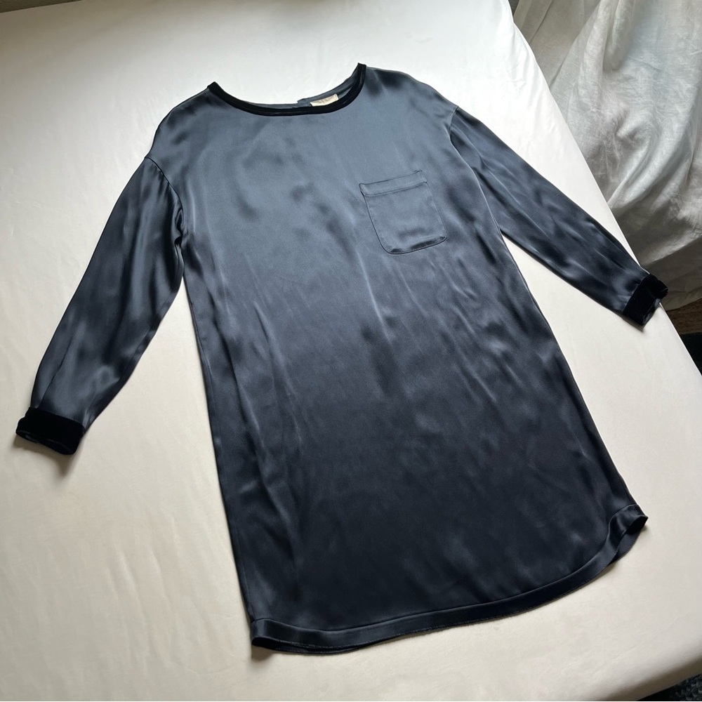 FORTE FORTE navy blue satin acetate viscose long sleeve one pocket mini dress